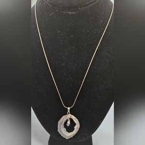 Amethyst Geode Necklace Silver Tone Circle Spring Ring Clasp 23" Long